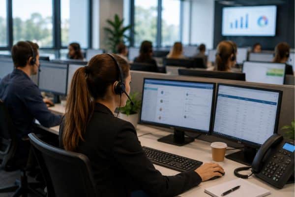Bureau moderne avec équipe connectée