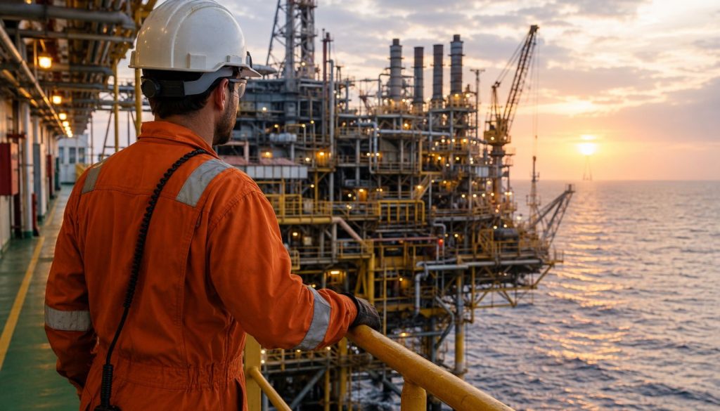 Plateforme offshore au coucher du soleil