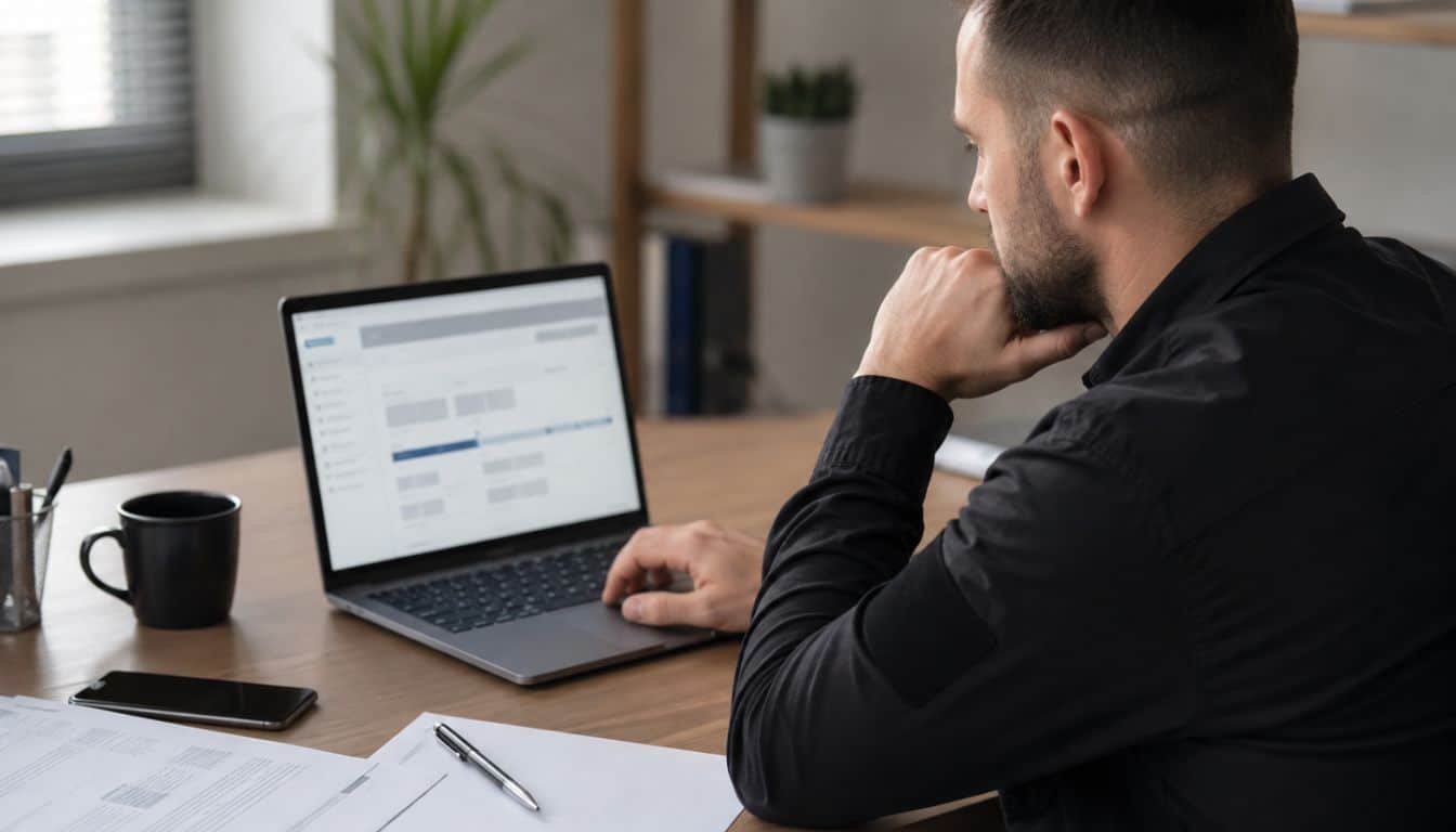 Homme concentré au bureau avec ordinateur portable