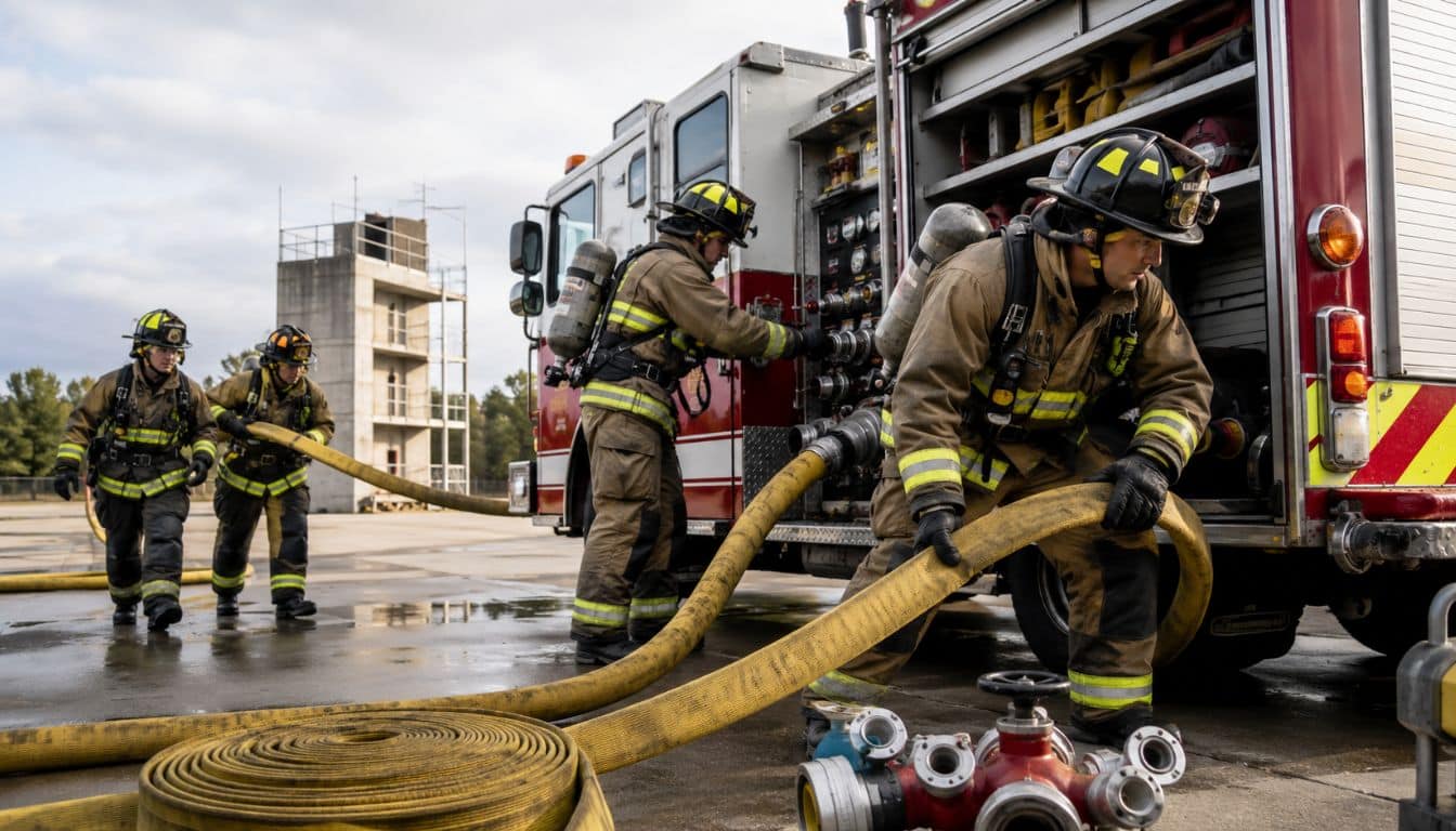 Entraînement des pompiers sous ciel nuageux